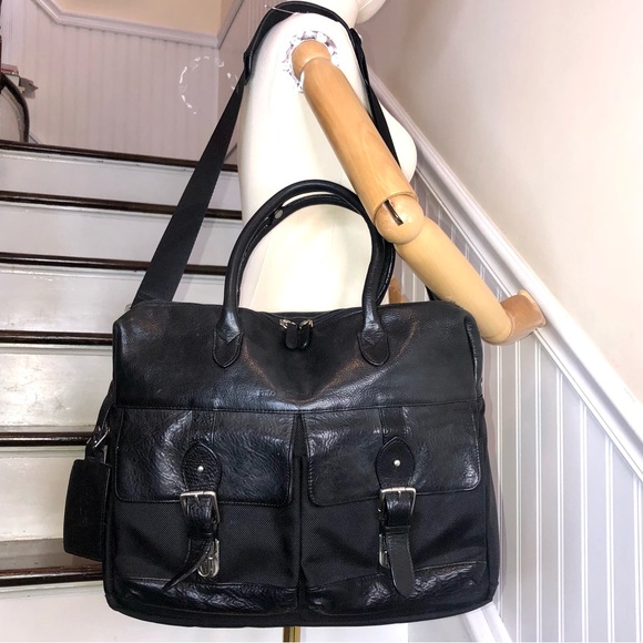 WRALPH LAUREN Black Leather /Canvas Top Handle Briefcase Crossbody Shoulder Bag - Picture 13 of 17